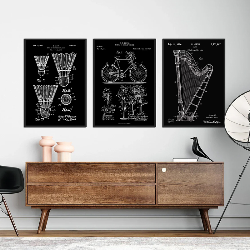 Affiche brevetée noir et blanc - Sports Equipment Drawing avis et prix
